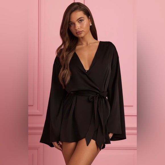 Oh Polly Reina Satin Robe Bling Black Super Sexy Silk Robe - Picture 4 of 6